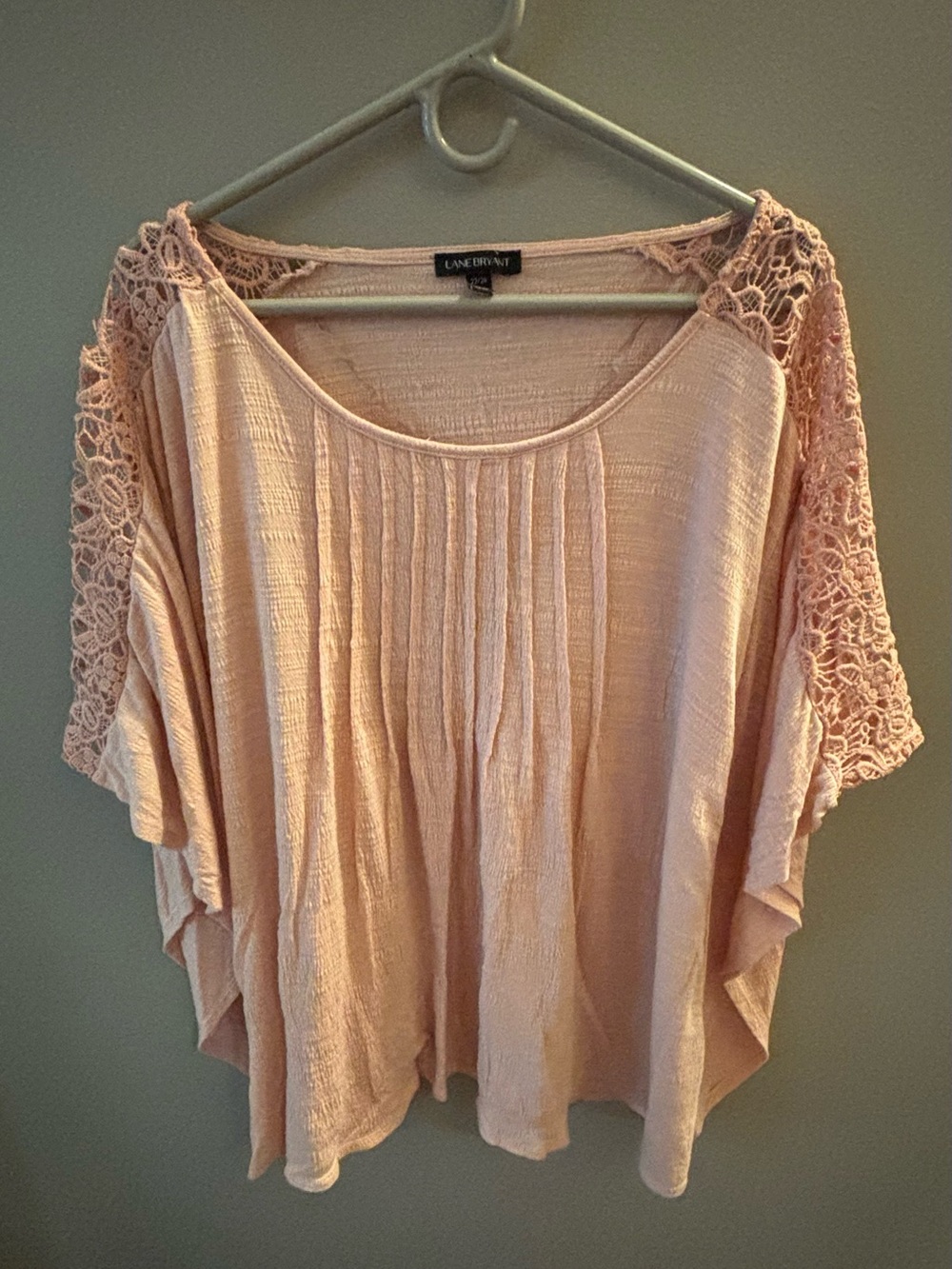 Lane Bryant Soft Peachy-Pink Crochet Batwing Sleeve Pintuck Top